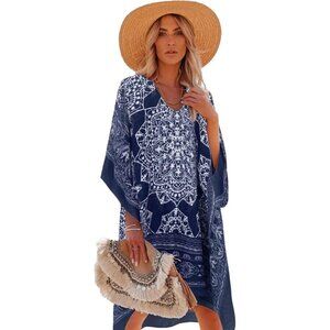 Women's 2 Navy Blue 100% Viscose Kaftan Bathing Swimsuit Floral Pattern Dress